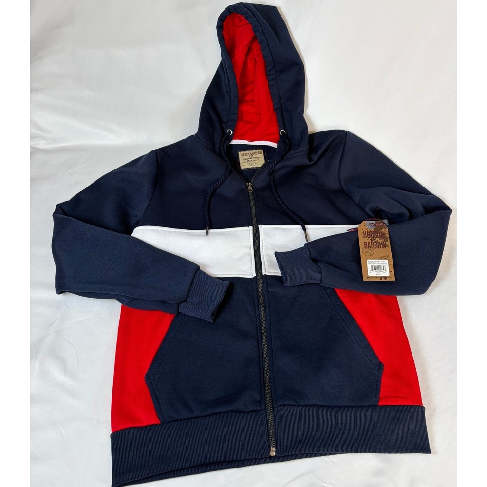Hudson and Barrow NYC Mens Colorblock Full Zip Hoodie Navy White Red Medium